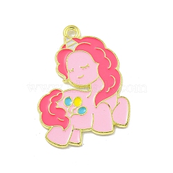 Alloy Enamel Pendants, Golden, Unicorn Charm, Pink, 30x21x1mm, Hole: 1.8mm(ENAM-Z015-01G-01)