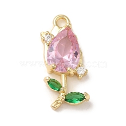 Brass Pave Clear Cubic Zirconia Pendants, Tulip, Pink with Green, Real 14K Gold Plated, 20.5x9.5x4mm, Hole: 1.4mm(KK-G499-12G)