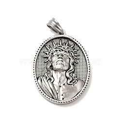 Tibetan Style 304 Stainless Steel Pendants, Religion, Oval with Man Pattern Charms, Antique Silver, 35.5x26x6mm, Hole: 5x7mm(STAS-G275-08AS)