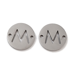 Non-Tarnish 201 Stainless Steel Hollow Flat Round Links, Letter Connector Charms, Stainless Steel Color, Letter M, 12x1mm, Hole: 1.2mm(FIND-R149-03M-P)