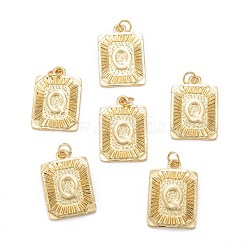 Brass Pendants, with Jump Ring, Long-Lasting Plated, Cadmium Free & Nickel Free & Lead Free, Rectangle with Alphabet, Real 18K Gold Plated, Letter.Q, 23.5x16x2mm, Jump Ring: 5x0.7mm, 3.6mm Inner Diameter(KK-J279-58G-Q)