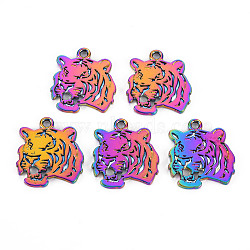 Rainbow Color Alloy Pendants, Cadmium Free & Nickel Free & Lead Free, Tiger Head, 26.5x24x1.5mm, Hole: 2mm(PALLOY-S180-285-NR)