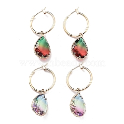 Light Gold Brass Hoop Earrings, Glass Teardrop Drop Earrings, Mixed Color, 41x13.5mm(EJEW-Q800-56KCG)