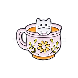 Cute Fresh Tea Cup Cat Brooch,  Alloy Enamel Pins, Cat Shape, 30x26mm(PW-WGA1BF6-04)