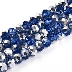 Electroplate Transparent Glass Beads Strands, Half Silver Plated, Faceted, Rondelle, Royal Blue, 6x5mm, Hole: 1mm, about 80~85pcs/strand, 38~40cm(EGLA-A034-T6mm-M03)