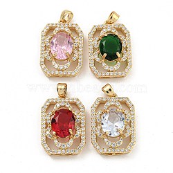 Brass Micro Pave Clear Cubic Zirconia Pendants, with Glass, Rectangle, Mixed Color, 22.5x15x8mm, Hole: 4x2.5mm(KK-P263-25KCG)