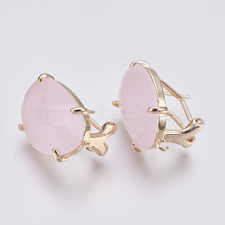 Faceted Glass Stud Earring Findings, with Loop, Light Gold Plated Brass Findings, Oval, Pearl Pink, 20x15.5x6~6.5mm, Hole: 1.2mm, Pin: 0.7mm(GLAA-F084-D10)
