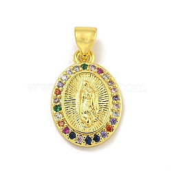 Virgin Mary Theme Rack Plating Brass Micro Pave Cubic Zirconia Pendants, Long-Lasting Plated, Cadmium Free & Lead Free, Real 18K Gold Plated, Oval, 17.5x12x3mm, Hole: 4.5x3.5mm(KK-C074-23G-01)