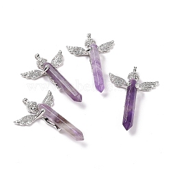 Natural Amethyst Faceted Double Terminal Pointed Big Pendants, Angel Charms, with Platinum Tone Brass Findings, 54~56x34~36x11~12mm, Hole: 3mm(G-H281-09P-11)