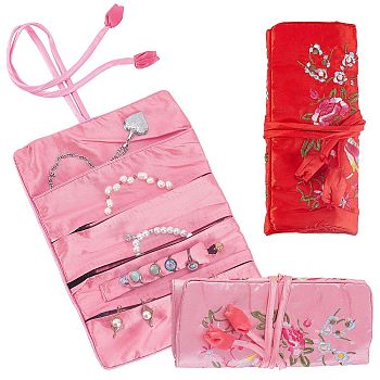 Elite 2Pcs 2 Colors Embroidery Silk Roll Bags, with Drawstring Rope, Flower Pattern, Mixed Color, 28x19.8x1.1cm, 1pc/color