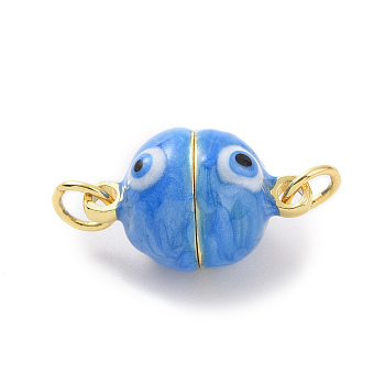 Brass Magnetic Clasps, with Enamel, Round with Evil Eye, Real 18K Gold Plated, Dodger Blue, 16x10mm, Hole: 3mm