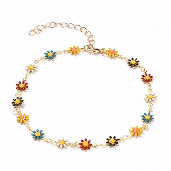 Golden Brass Flower Enamel Links Anklets, with Brass Curb Chains & Lobster Claw Clasps, Colorful, 9-1/2 inch(24.2cm)
