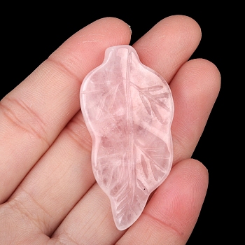 Natural Rose Quartz Carved Healing Leaf Stone, Reiki Energy Stone Display Decorations, for Home Feng Shui Ornament, 47x20~25x6mm