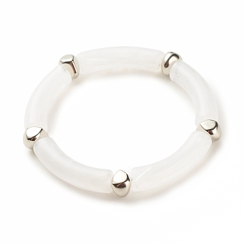 White Acrylic Curved Tube Chunky Stretch Bracelet with CCB Plastic for Women, Platinum, Inner Diameter: 2 inch(5.1cm)