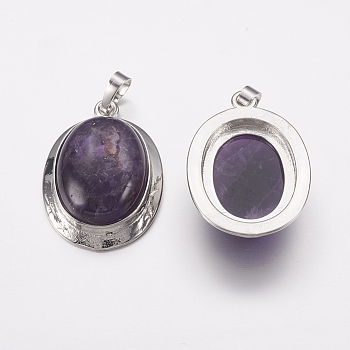Natural Amethyst Pendants, with Platinum Tone Alloy Findings, Oval, 37x25x10mm, Hole: 4x8mm