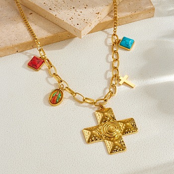 Religion 304 Stainless Steel Textured Cross and Resin Imitattion Turquoise Square Pendant Necklaces for Women, Colorful, Golden, 16.73 inch(42.5cm)