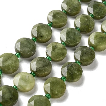 Natural Chinese Green Jade Beads Strands, with Seed Beads, Faceted Hexagonal Cut, Flat Round, 12~12.5x5~6mm, Hole: 1.2~1.4mm, about 27~29pcs/strand, 15.55~15.75 inck(39.5~40cm)