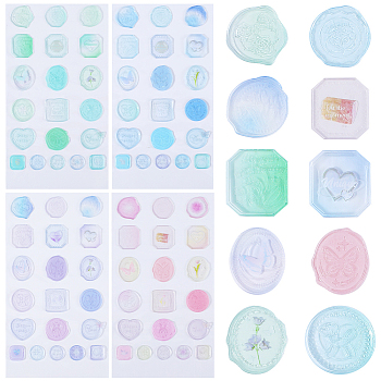 4 Sheets 4 Colors Epoxy Resin Adhesive Stickers, Imitation Wax Seal Stickers, For Envelope Seal, Butterfly & Floral & Heart, Mixed Color, 220x118x1.3mm, Sticker: 17.5~30x17.5~29mm, 1 sheet/color