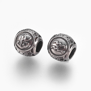 316 Surgical Stainless Steel European Beads, Large Hole Beads, Rondelle with Constellations Aquarius, Antique Silver, 10x9mm, Hole: 4mm