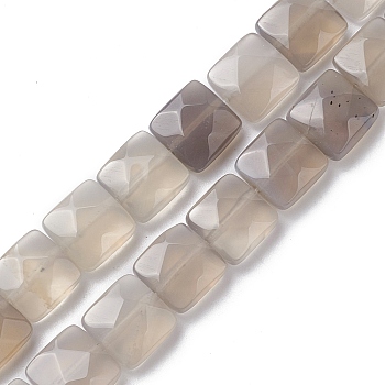 Natural Grey Agate Beads Strands, Faceted Square, 10x10x5mm, Hole: 1.2mm, about 20pcs/strand, 7.95''(20.2cm)