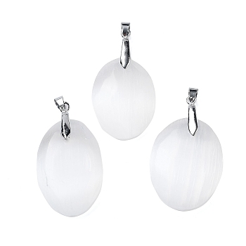 Natural Selenite Pendants, with Platinum Tone Rack Plating Brass Snap on Bails, Oval, 49x27.5x12mm, Hole: 4x6mm