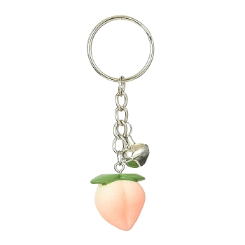 Fruit Resin Pendant Keychain, with Iron Split Key Rings and Bell Charms, Peach, 8cm, pendant: 26x22x18mm