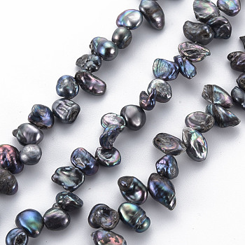 Natural Keshi Pearl Beads Strands, Cultured Freshwater Pearl, Dyed, Nuggets, Black, 6~11x4~6x2~5mm, Hole: 0.5mm, about 80~82pcs/strand, 15.35 inch(39cm)