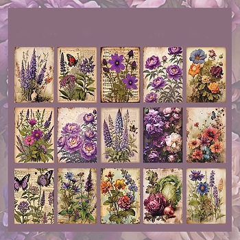 30Pcs 15 Styles Vintage Floral Scrapbook Paper Pads, Flower Plant Paper Sheets for DIY Album Scrapbook, Greeting Card, Background Paper, Medium Purple, 140x100x0.1mm, 2pcs/style