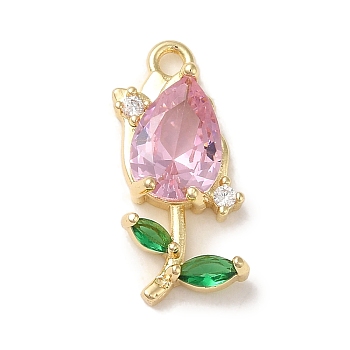 Brass Pave Clear Cubic Zirconia Pendants, Tulip, Pink with Green, Real 14K Gold Plated, 20.5x9.5x4mm, Hole: 1.4mm