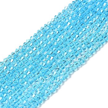 Imitation Austrian Crystal 5301 Bicone Beads, Faceted Glass Beads Strands, Light Sky Blue, 3x3~3.5mm, Hole: 0.5mm, about 125~130pcs/strand, 15.5 inch