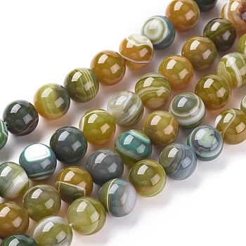 Natural Striped Agate/Banded Agate Beads Strands, Dyed & Heated, Round, Olive, 10mm, Hole: 1.2mm, about 37pcs/strand, 14.65 inch(37.2cm)
