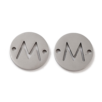 201 Stainless Steel Hollow Flat Round Links, Letter Connector Charms, Stainless Steel Color, Letter M, 12x1mm, Hole: 1.2mm
