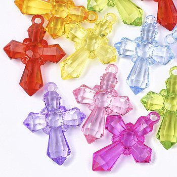 Transparent Acrylic Pendants, Faceted, Cross, Mixed Color, 45x32.5x9mm, Hole: 2.5mm