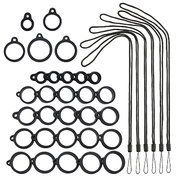 40Pcs 4 Style Silicone Rings with 10Pcs Adjustable Necklace Lanyard Anti-Lost Pendant Holder, for Pen, Phone, Badge Holder, Black, 41.5x0.3cm