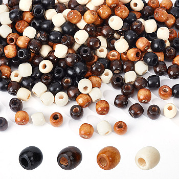 240Pcs 4 Styles Wood European Beads, Large Hole Barrel Beads, Mixed Color, 11~12x11~12mm, Hole: 3~5mm, about 60pcs/style