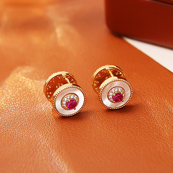 Brass Micro Pave Cubic Zirconia Hoop Earrings, with Natural Shell, Flat Round, Golden, Deep Pink, 12x10mm