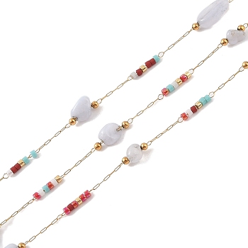 Natural Agate Link Chains, with Glass Seed Beaded and Ion Plating(IP) Real 18K Gold Plated  316 Stainless Steel Chain, Soldered, with Spools, Real 18K Gold Plated, 12~14x2.5~4x3~4mm
