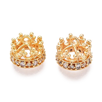 Brass Micro Pave Clear Cubic Zirconia Charms, Nickel Free, Crown, Real 18K Gold Plated, 9.5x12mm, Hole: 1.8mm