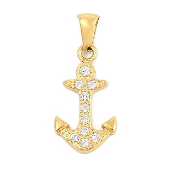 Ion Plating(IP) 304 Stainless Steel Micro Pave Cubic Zirconia Pendants, Anchor Charm, Golden, 21.5x15.5x2.5mm, Hole: 3x6mm