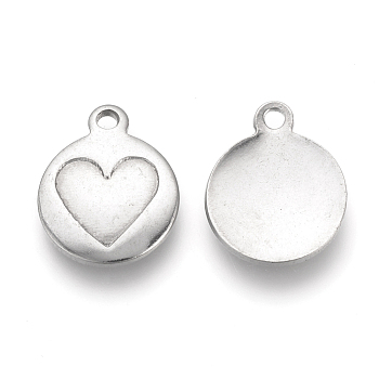 201 Stainless Steel Charms, Flat Round with Heart, Stainless Steel Color, 15x12x1.5mm, Hole: 1.5mm