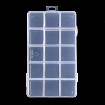 Rectangle Polypropylene(PP) Bead Storage Container, Adjustable Deviders Box, with Hinged Lid and 15 Compartments, for Jewelry Small Accessories, Clear, 17x10x2.2cm, Compartment: 3.2x3cm