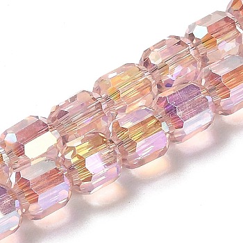 Electroplate Glass Beads Strands, Faceted, Column, Pink, 6x6.5mm, Hole: 1mm, about 72pcs/strand, 20.87''(53cm)