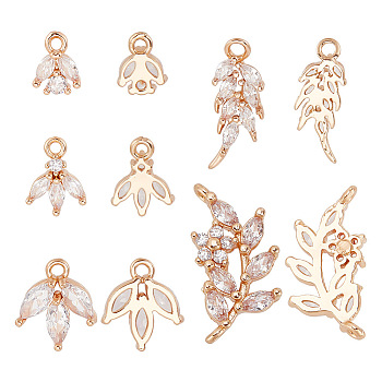 DIY Jewelry Making Finding Kit, Including Brass Micro Pave Clear Cubic Zirconia Pendants & Connector Charms, Leaf, Light Gold, 7.7~17.5x5.5~13x2~3.5mm, Hole: 1~1.4mm, 15Pcs/box