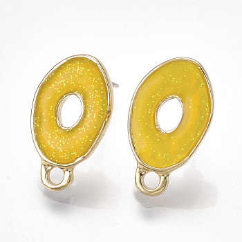 Alloy Enamel Stud Earring Findings, with Loop, Raw(Unplated) Pins and Glitter Powder and 925 Sterling Silver Pin, Oval, Light Gold, Gold, 17x10mm, Hole: 1.8mm, Pin: 0.6mm
