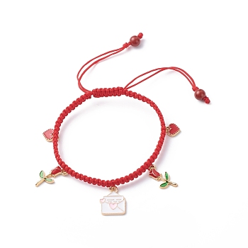 Heart Envelope Rose Alloy Enamel Charm Bracelet, Braided Adjustable Bracelet for Valentine's Day, Red, Inner Diameter: 2-1/8~3-1/4 inch(5.4~8.2cm) 