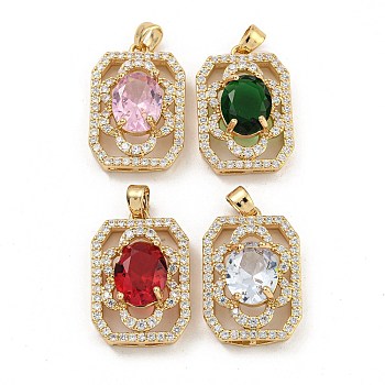 Brass Micro Pave Clear Cubic Zirconia Pendants, with Glass, Rectangle, Mixed Color, 22.5x15x8mm, Hole: 4x2.5mm