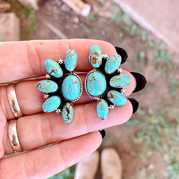 Bohemian Style Flower Alloy & Synthetic Turquoise Stud Earrings, Antique Silver, 44x26mm