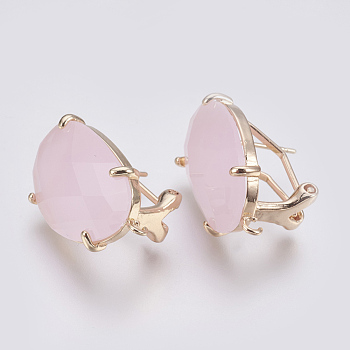 Faceted Glass Stud Earring Findings, with Loop, Light Gold Plated Brass Findings, Oval, Pearl Pink, 20x15.5x6~6.5mm, Hole: 1.2mm, Pin: 0.7mm
