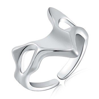 Rhodium Plated 925 Sterling Silver Twist Heart Open Cuff Ring, Hollow Wide Ring for Women, Platinum, US Size 5 1/4(15.9mm)