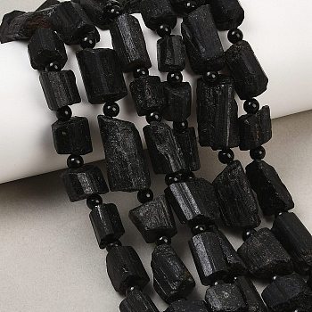 Raw Rough Natural Black Tourmaline Beads Strands, Nuggets, with Seed Beads, 8~21.5x8~11x7~10.5mm, Hole: 0.7~1mm, about 22~25pcs/strand, 15.39''~15.71''(39.1~39.9cm)